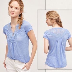 Anthropologie | Deletta Linen Blue Lace Blouse